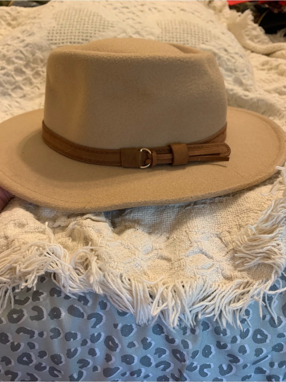 Wide Brim Felt Fedora Hat in Camel with Leather Band
